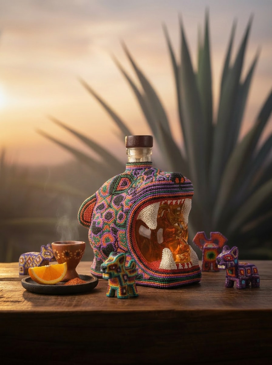 Mi Tierra Extra Añejo · Botella de vidrio soplado a mano con arte Wixárika