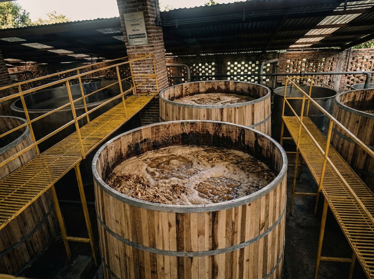 Tinas de fermentación de madera en la sala de producción, Tequilera de la Barranca